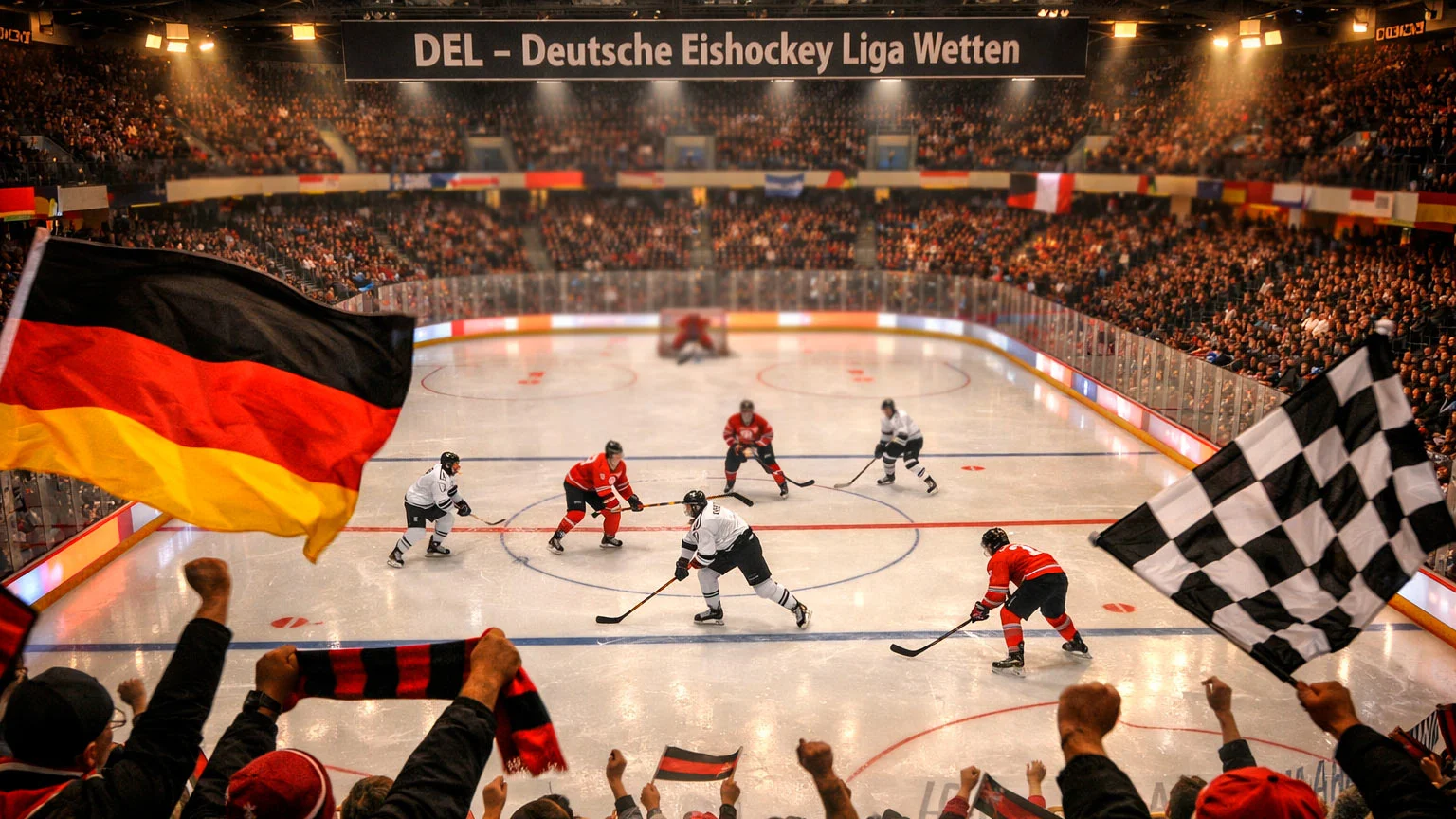 DEL Eishockeyspiel in einer deutschen Arena mit Fans und Spielern