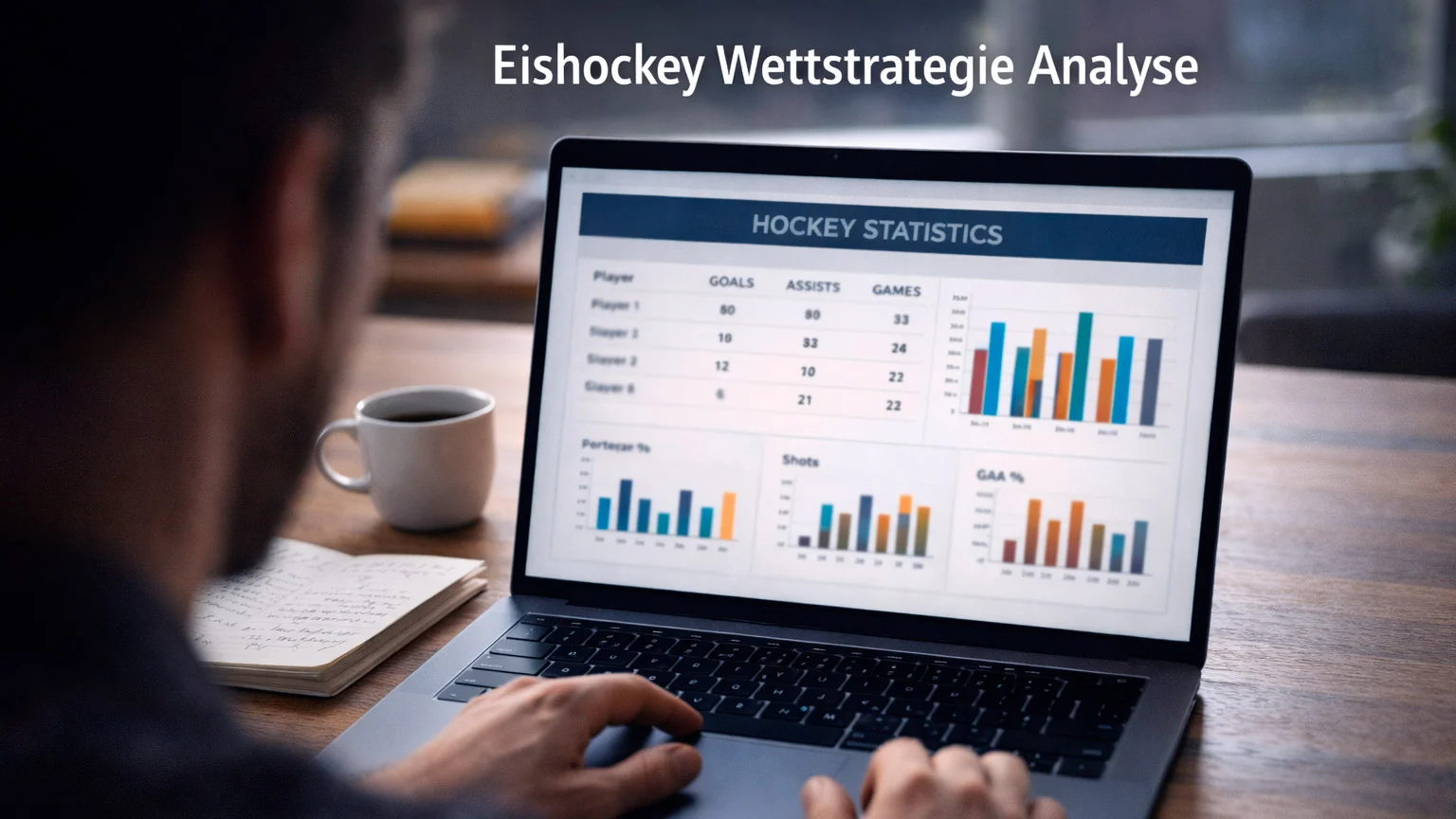Person analysiert Eishockey-Statistiken auf einem Laptop