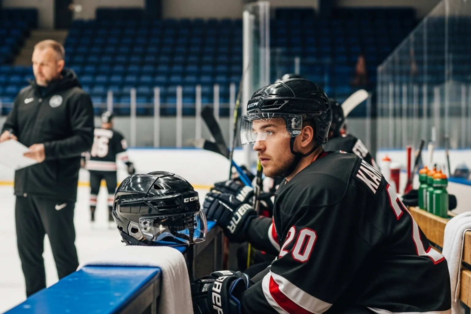 Eishockey Wetten Strategie mit Spieler und Taktik-Symbolik auf dem Eis