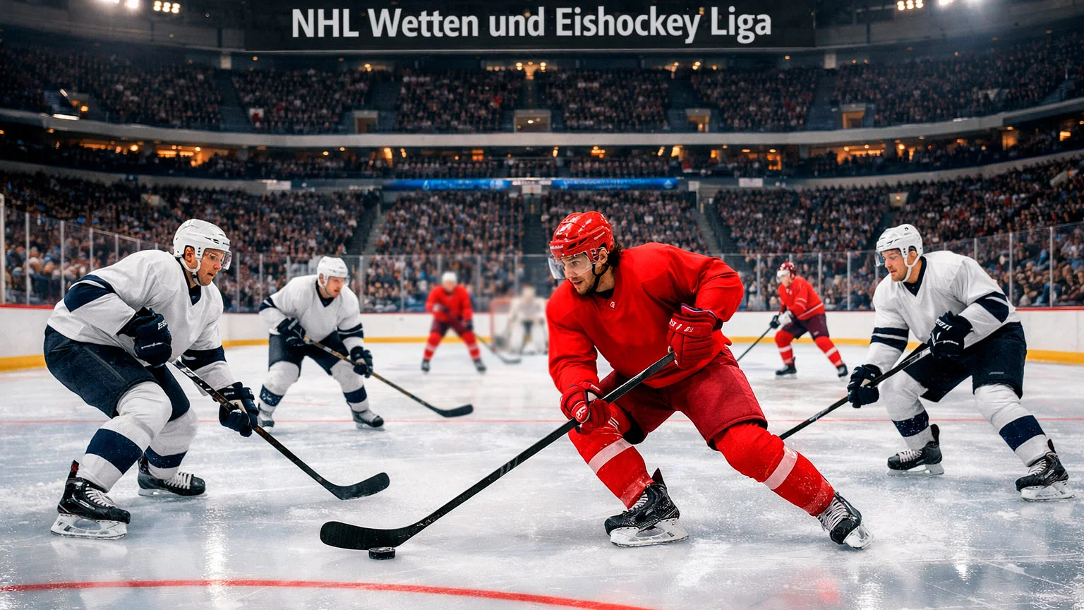 NHL Eishockeyspiel in einer amerikanischen Arena mit Spielern auf dem Eis